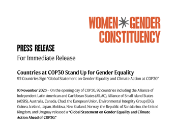 Countries at COP30 Stand Up for Gender Equality Press Release