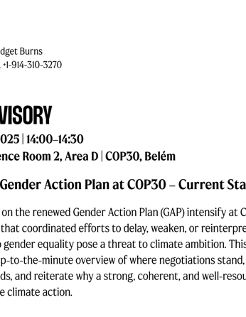 Media Advisory Delivering a Gender Action Plan at COP30